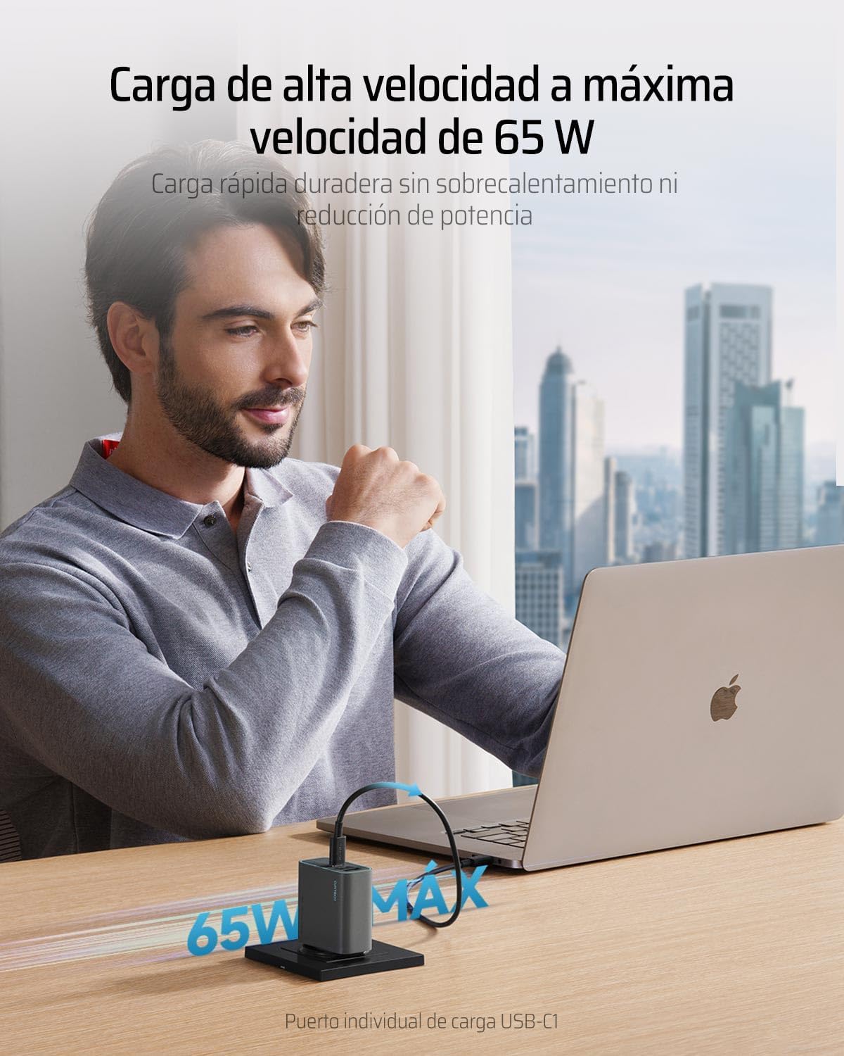 Cargador Rápido USB-C 65W GaN, Compatible con MacBook Pro/Air iPhone